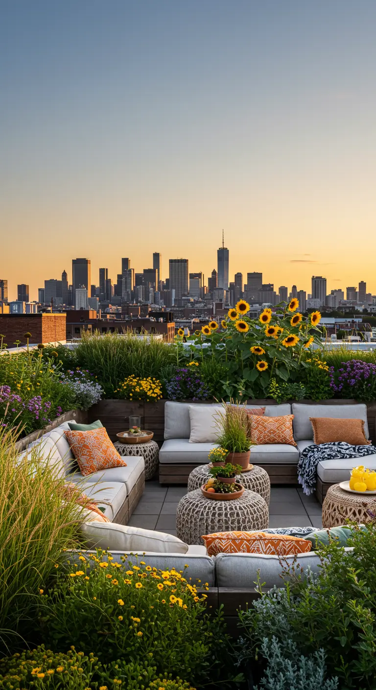 Rooftop avec canapés d'angle, coussins colorés, tournesols, plantes et skyline au coucher du soleil.