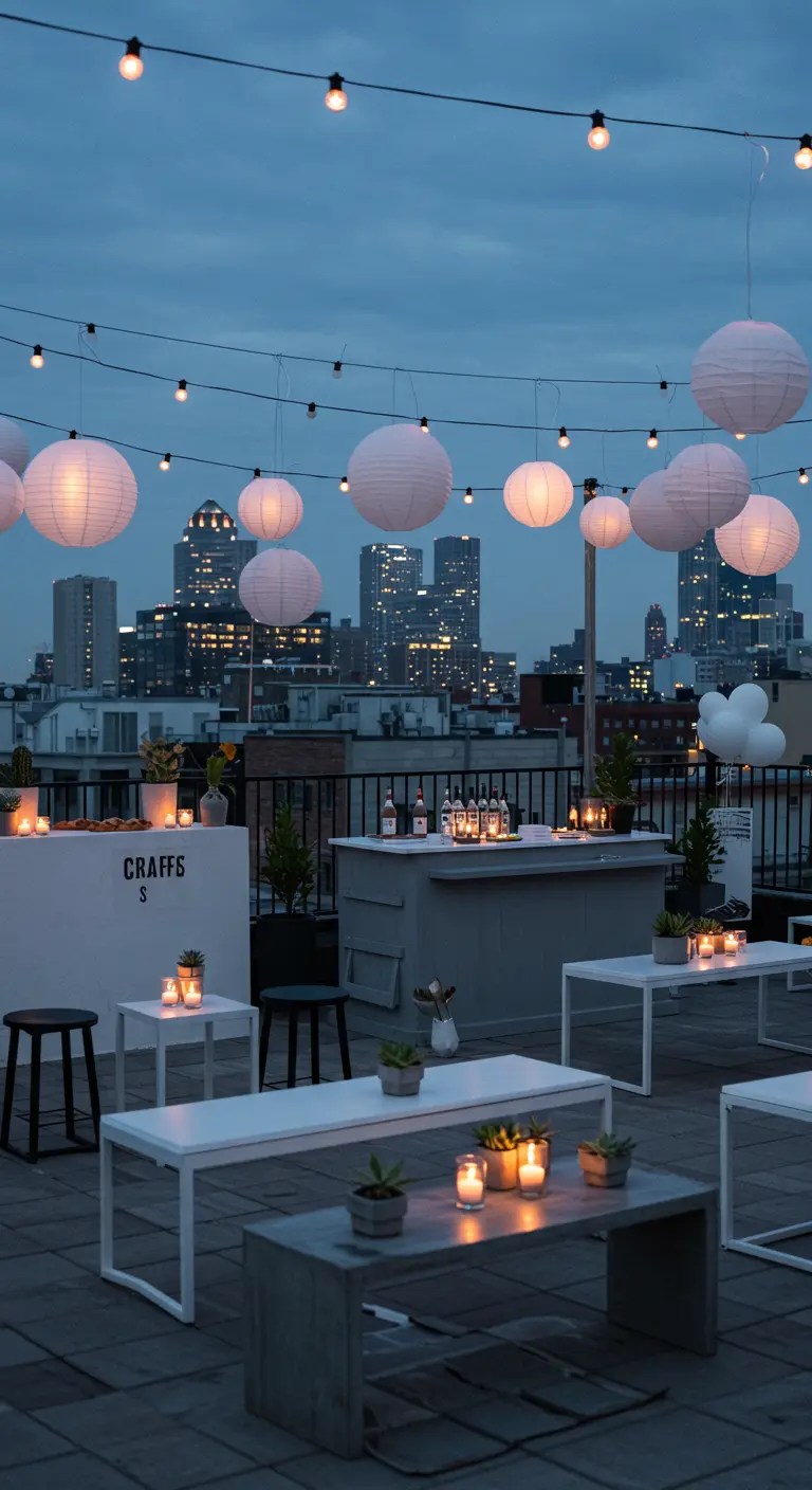 Fête sur un rooftop avec des lampions en papier blancs, des guirlandes lumineuses et des bougies, vue sur la ville.