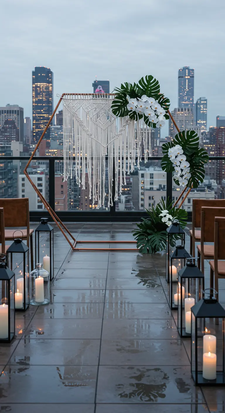 Arche hexagonale cuivrée sur un rooftop avec macramé et feuillage tropical.