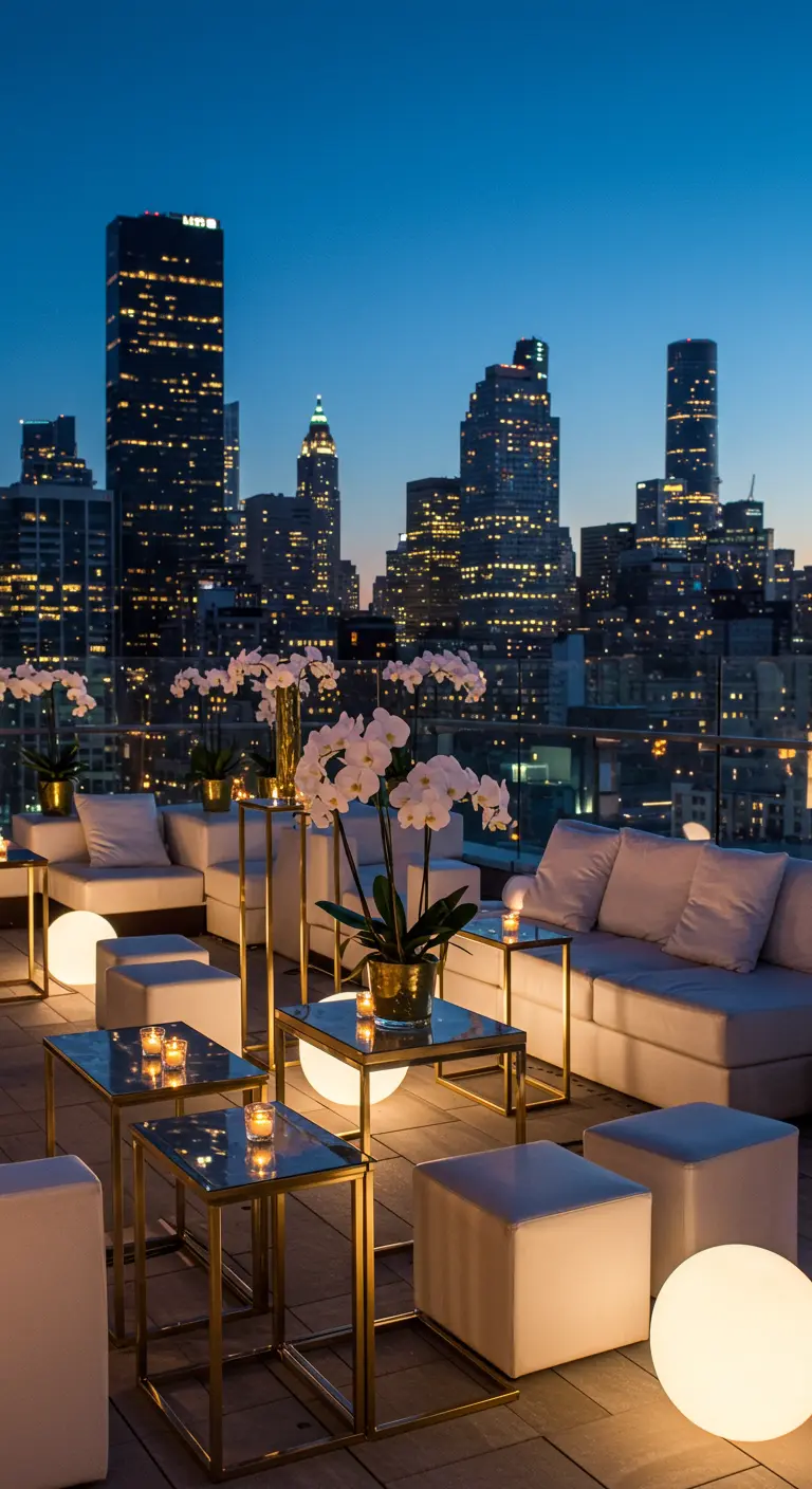 Terrasse sur un toit avec vue sur la ville de nuit, mobilier lounge blanc et tables dorées.