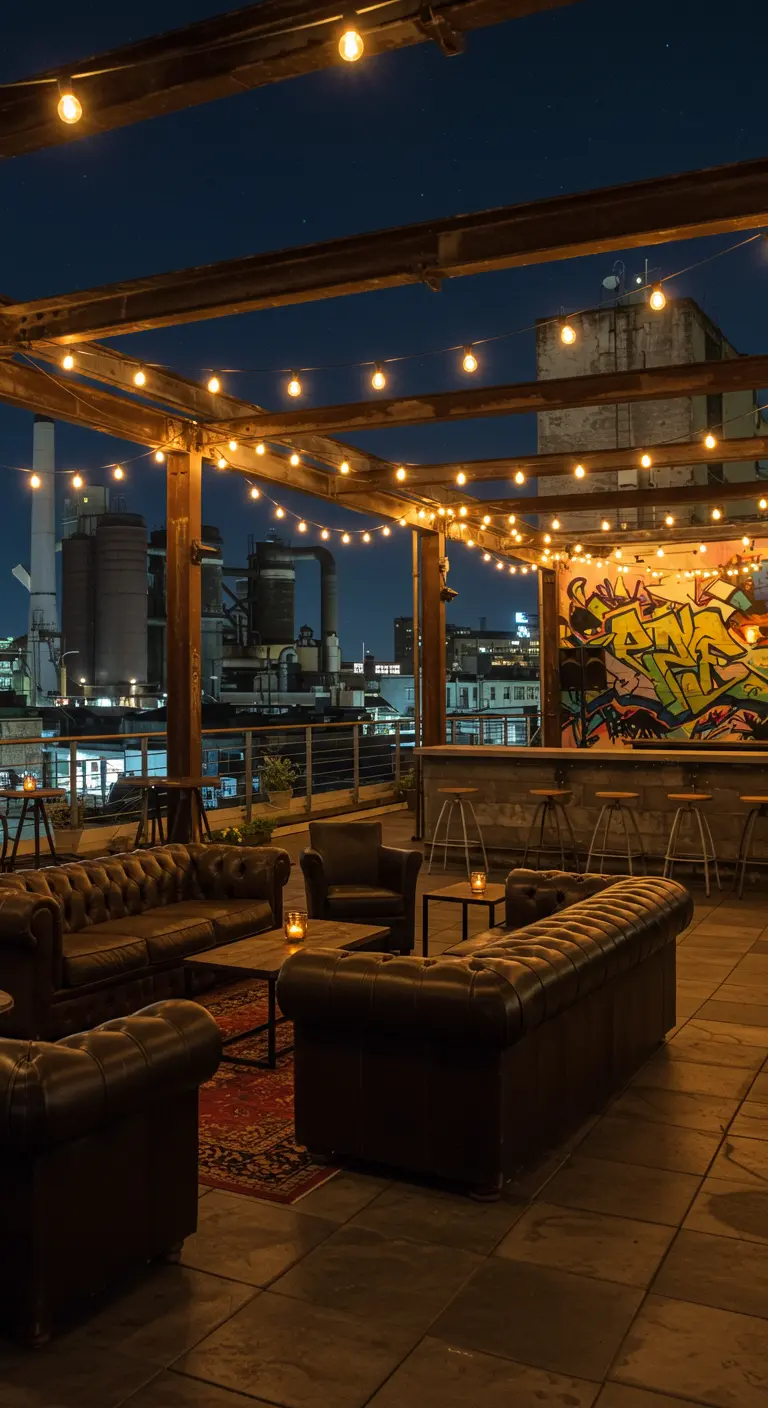 Rooftop industriel avec murs graffités, guirlandes lumineuses, canapés en cuir marron.