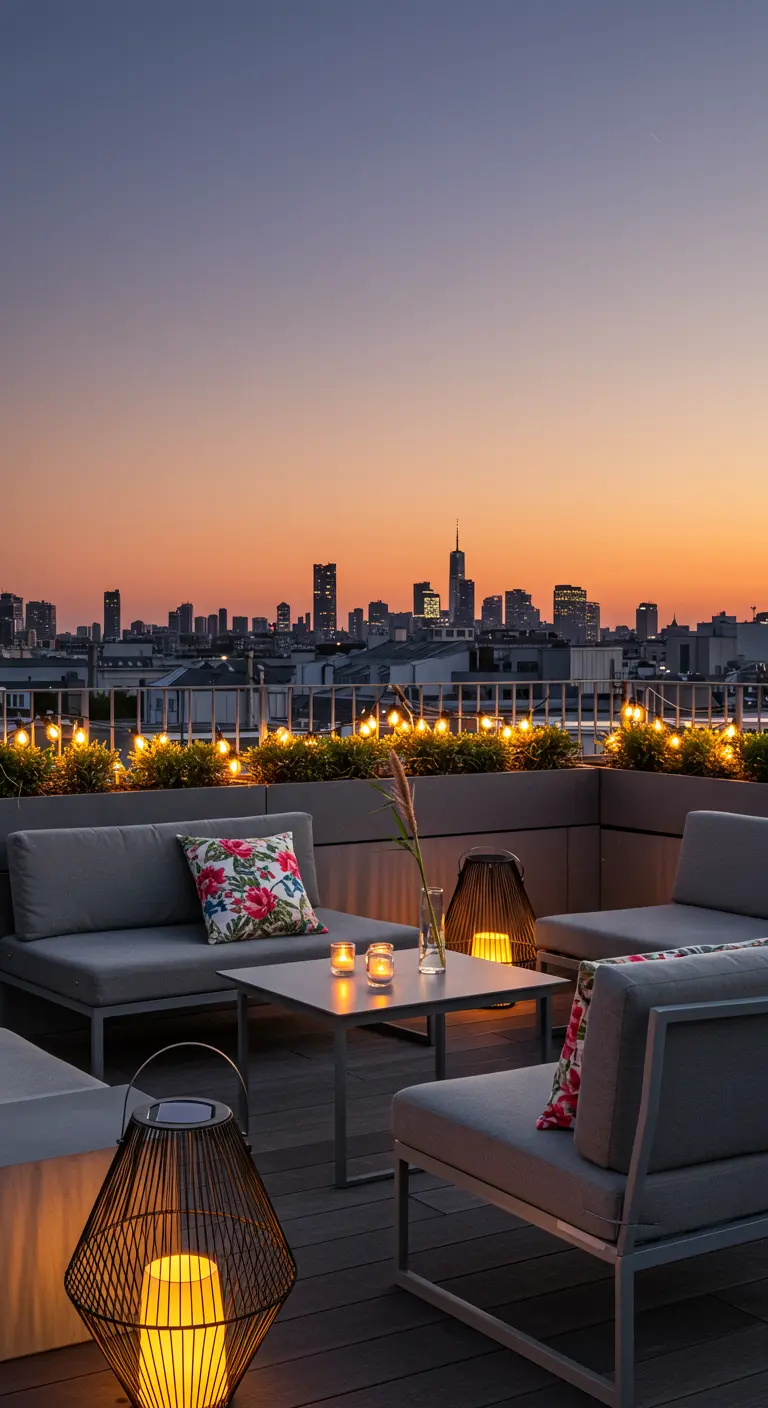 Terrasse sur le toit avec un salon de jardin moderne, des lanternes et une vue sur la ville au coucher du soleil.
