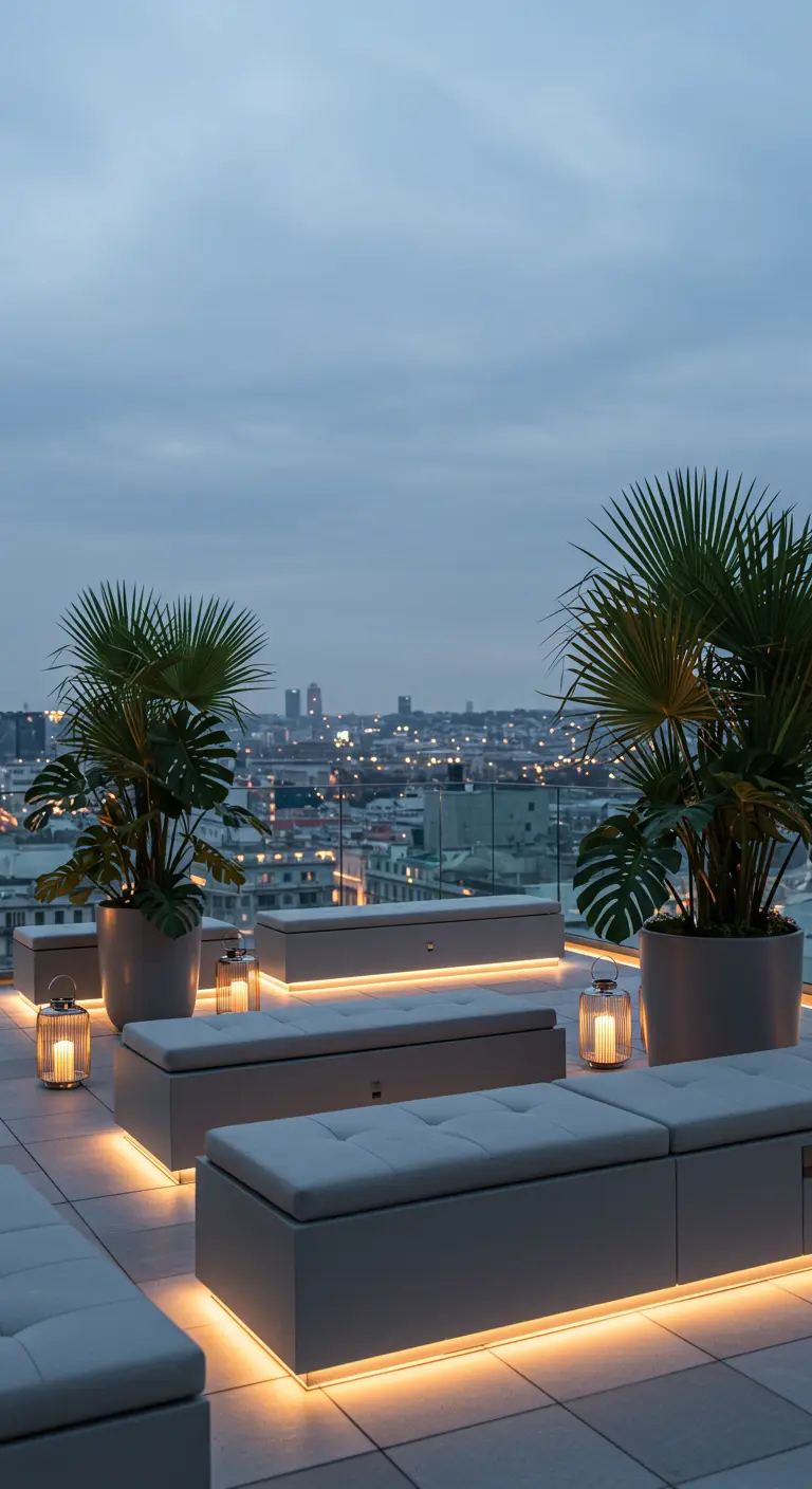 Terrasse sur un toit avec des bancs modernes éclairés par des LED et vue sur la ville.