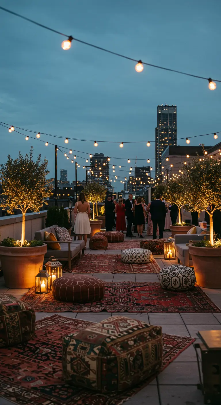Lounge bohème sur un rooftop avec vue sur la ville, oliviers, poufs, tapis orientaux, lanternes et guirlandes lumineuses.