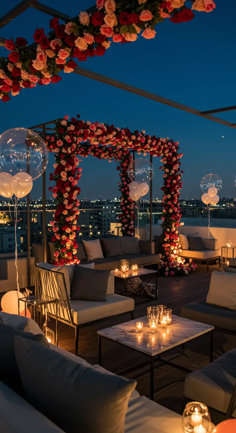 Rooftop de nuit avec une arche de roses rouges, des bougies et des fauteuils lounge, vue sur la ville.