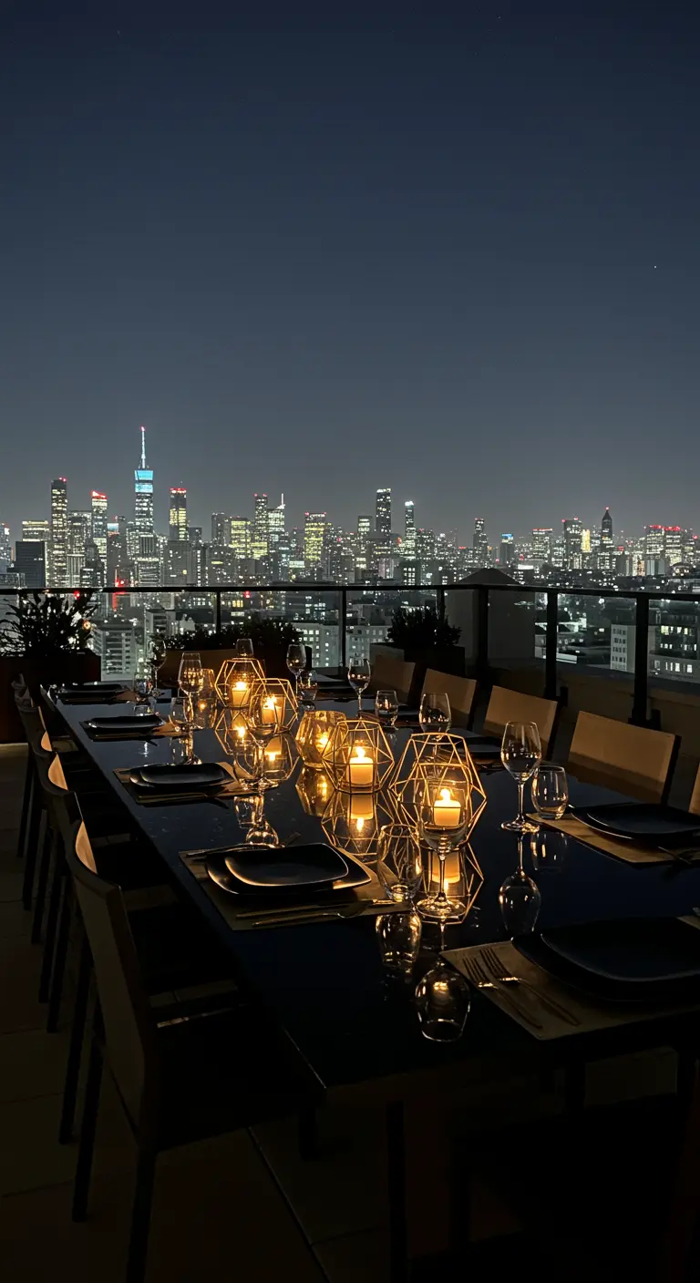 Dîner sur un rooftop avec vue sur la ville, lanternes dorées géométriques.