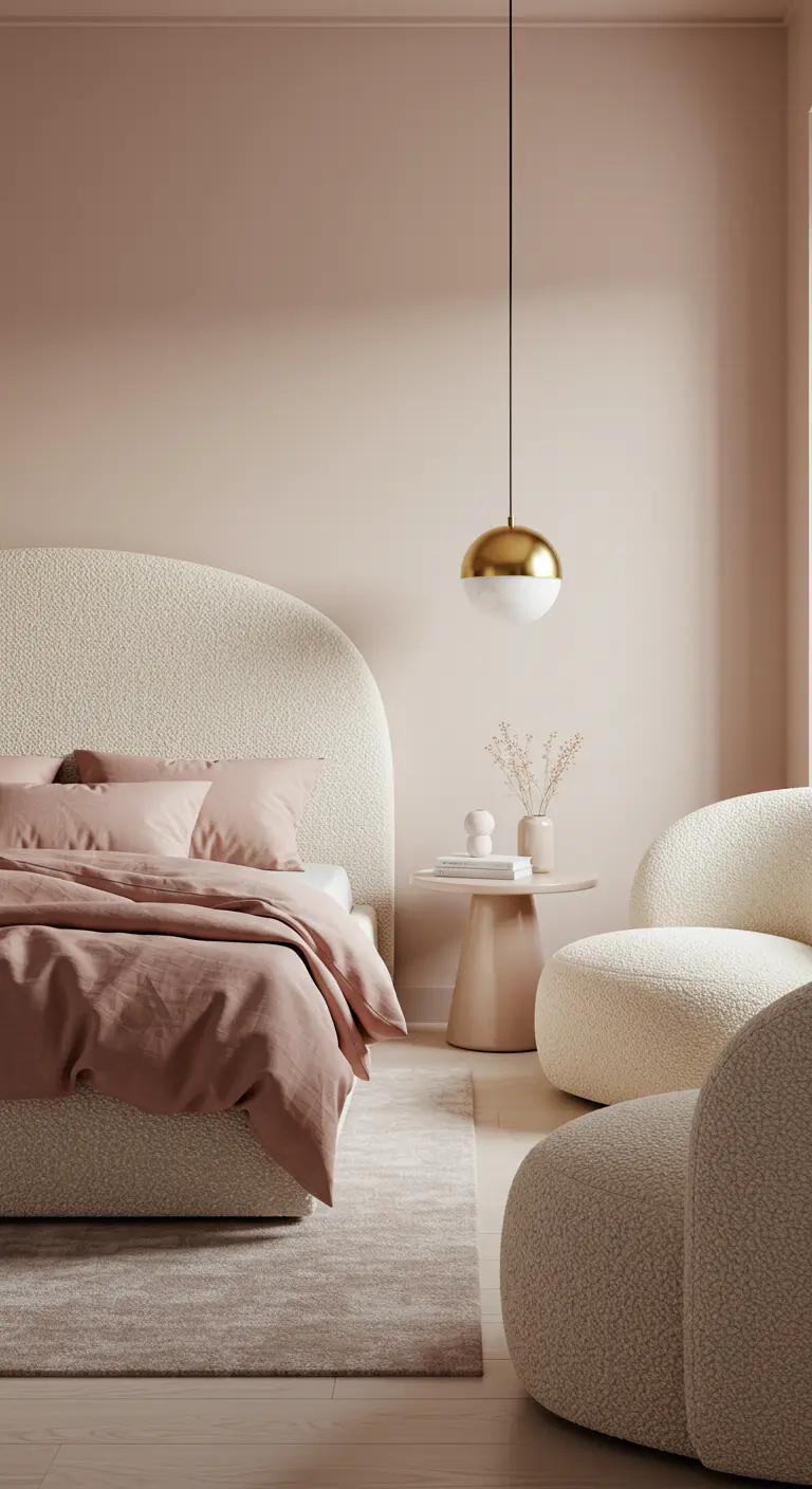 Chambre féminine avec murs rose poudré, lit et fauteuils en tissu bouclé crème.