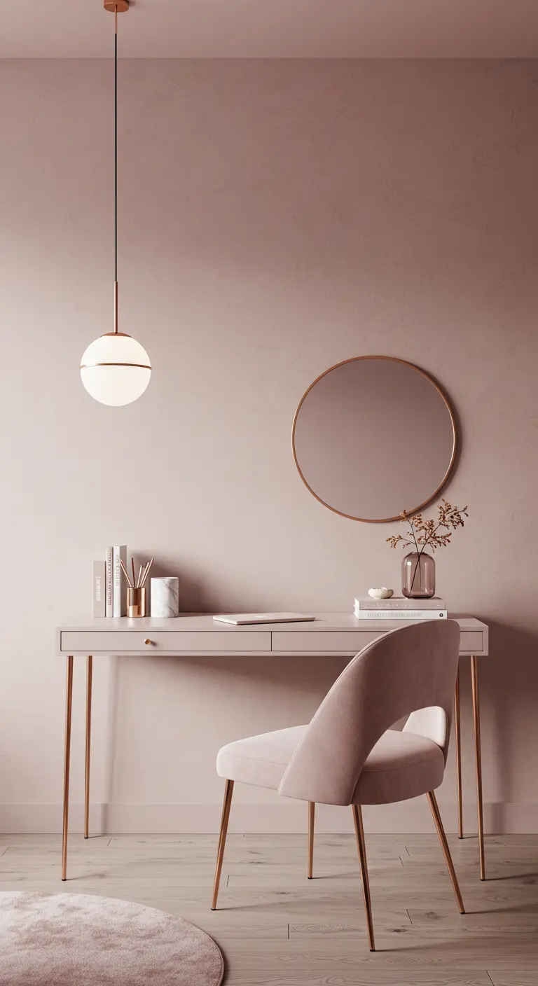 Bureau console fin aux pieds en laiton dans une pièce rose poudré avec un miroir rond.