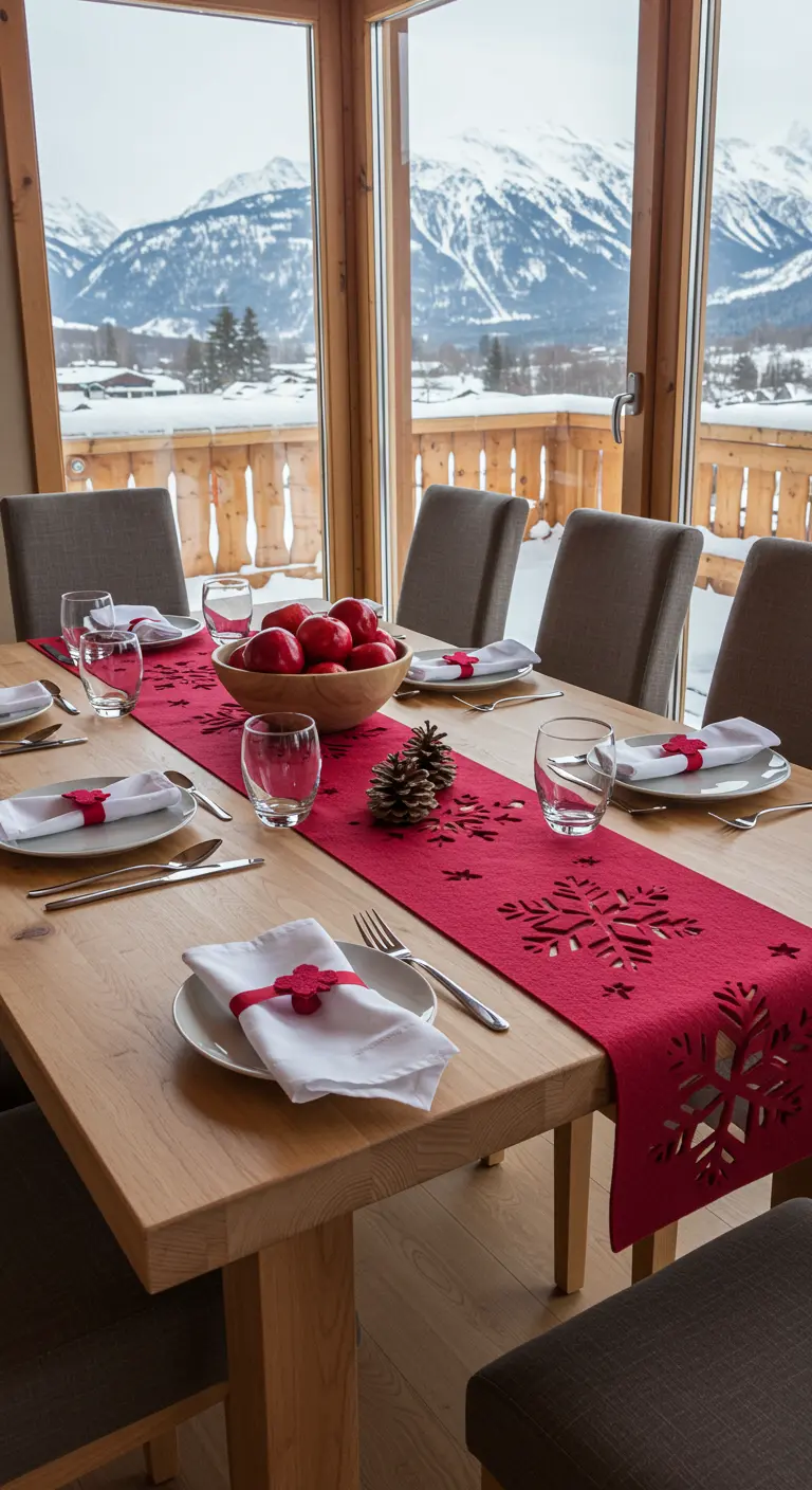 Table en bois avec vue sur les montagnes, chemin de table en feutrine rouge à flocons.
