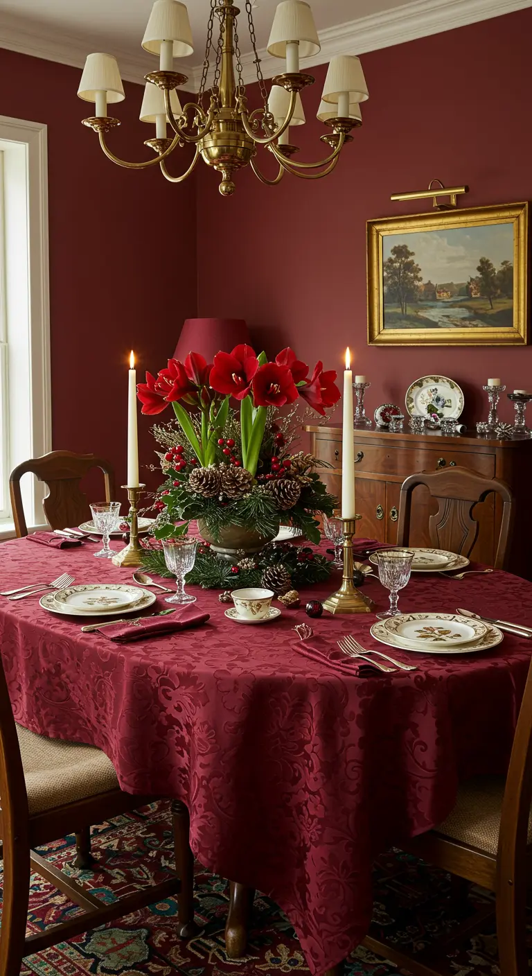 Table de salle à manger traditionnelle avec une nappe damassée rouge et un bouquet d'amaryllis.