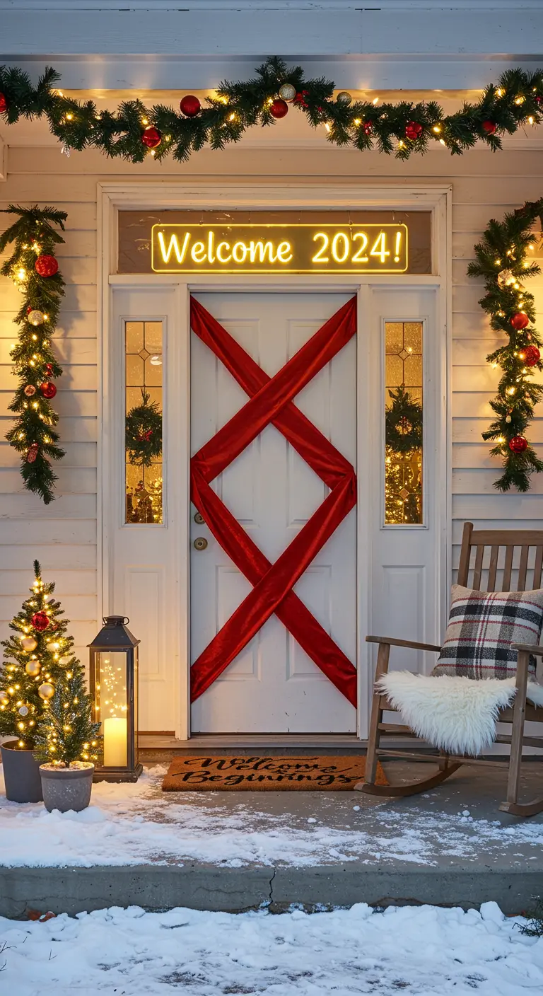 Porte blanche décorée d'un grand ruban rouge croisé, guirlandes et message néon 