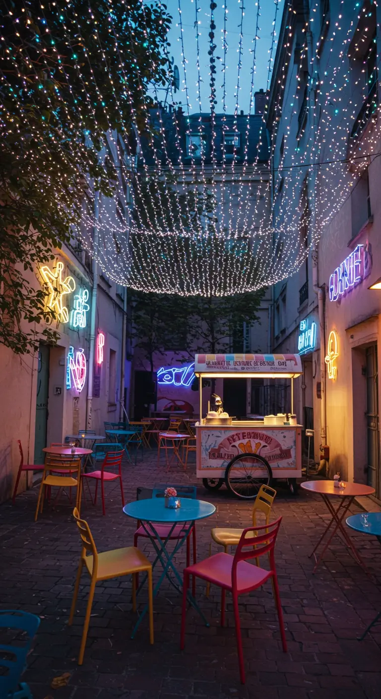 Rue commerçante animée la nuit avec de nombreuses guirlandes lumineuses et des enseignes néon colorées.