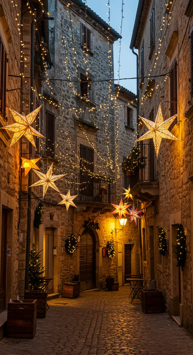 Ruelle médiévale illuminée de guirlandes et de grandes étoiles lumineuses de Noël.