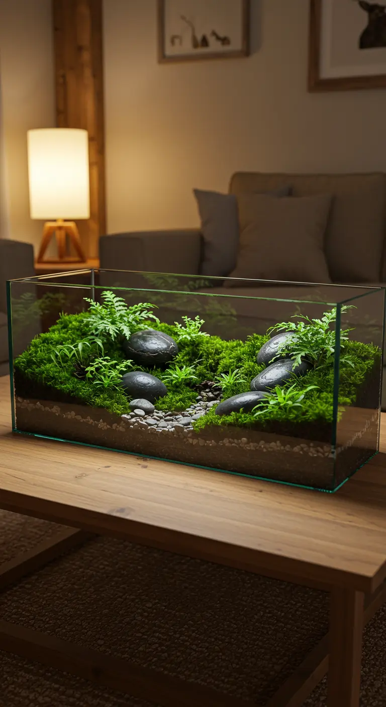 Terrarium rectangulaire bas avec mousse, fougères et un chemin de galets sombres sur une table en bois.