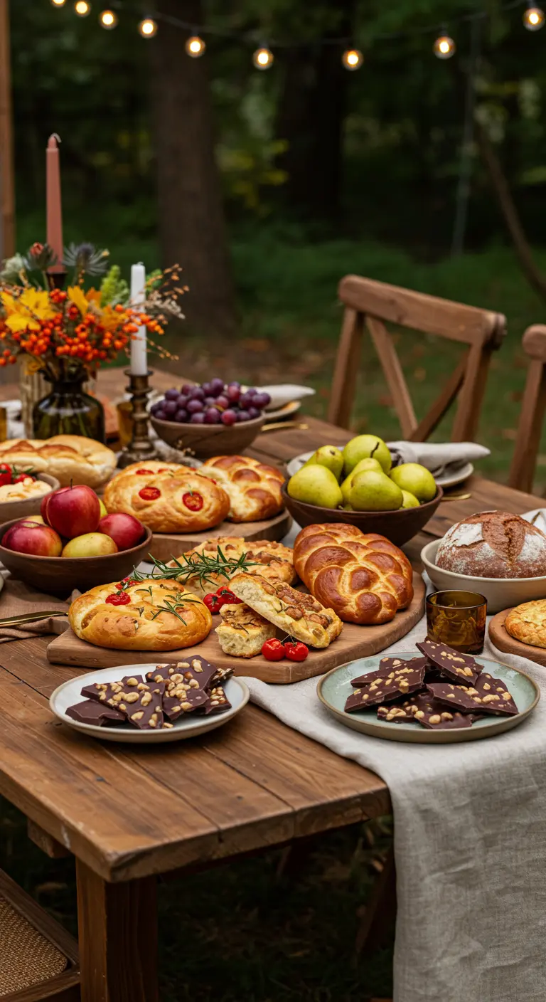 Table de pique-nique en bois avec pains artisanaux, fruits frais et chocolat concassé.