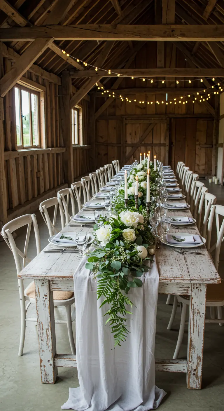Longue table en bois rustique dans une grange avec guirlande florale, bougies et lumières suspendues.
