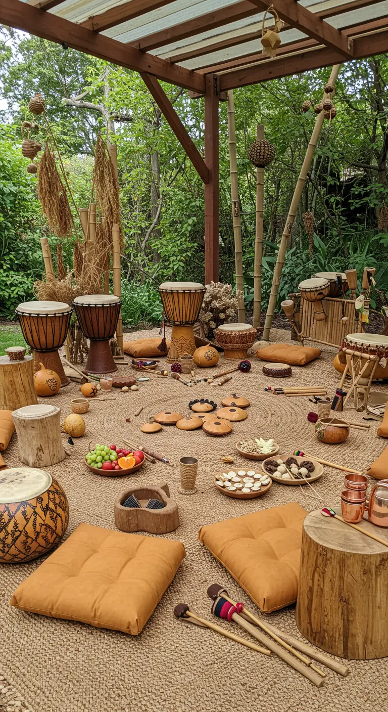 Atelier de musique extérieur avec tambours, fruits et coussins sur un tapis rond.