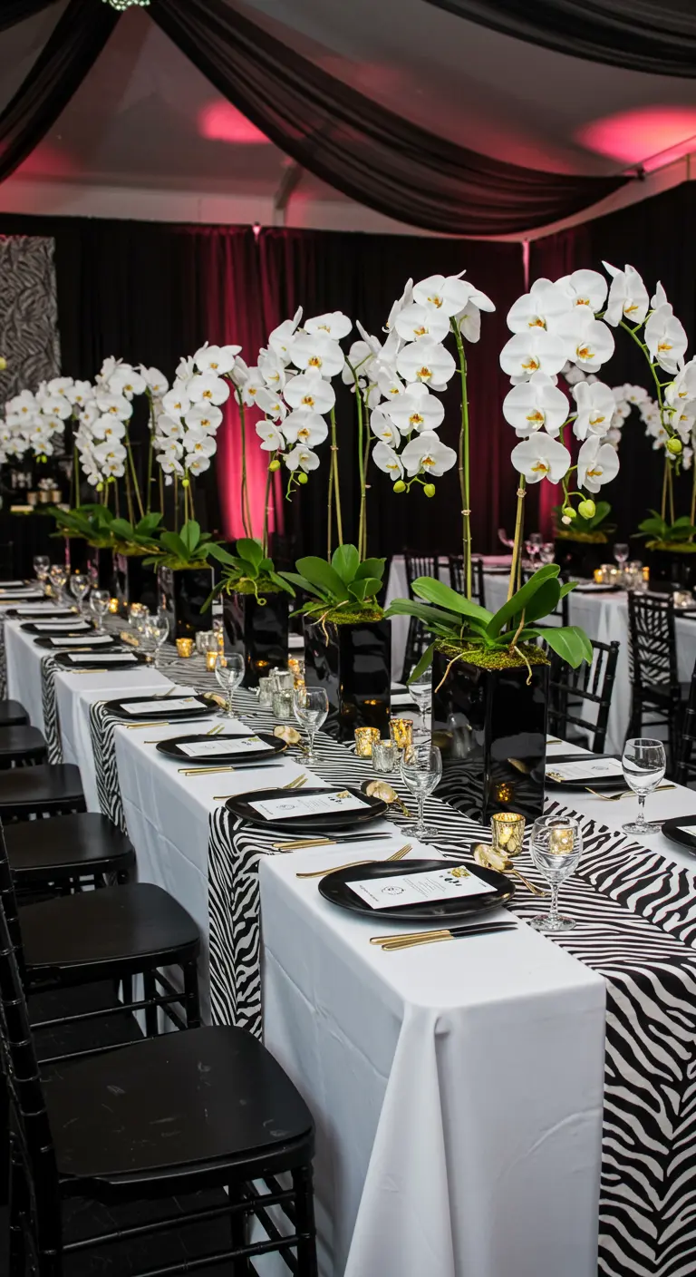 Table de fête avec un chemin de table zébré et des orchidées blanches.