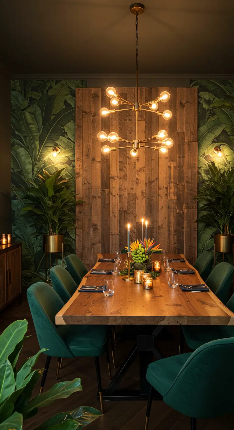Salle à manger avec papier peint tropical, mur en bois, grande table en bois, chaises en velours vert et luminaire doré.