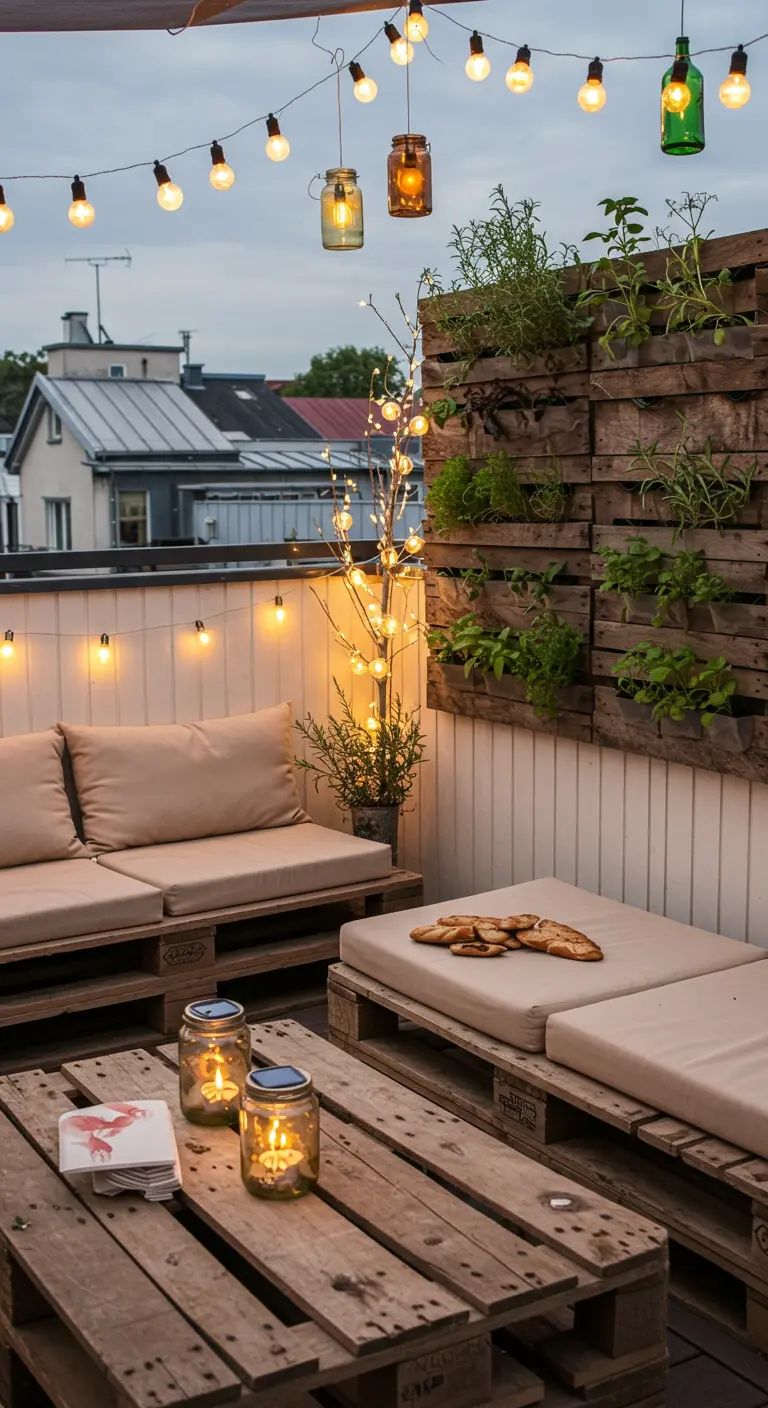 Terrasse aménagée avec des meubles en palettes, des coussins et un jardin vertical.