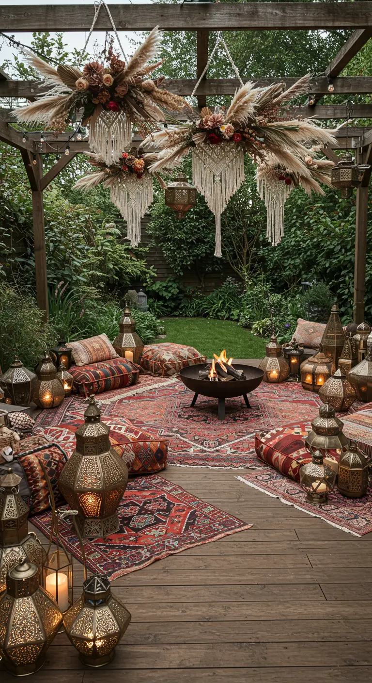 Salon extérieur bohème sous une pergola, avec tapis superposés, coussins de sol, brasero et lanternes orientales.