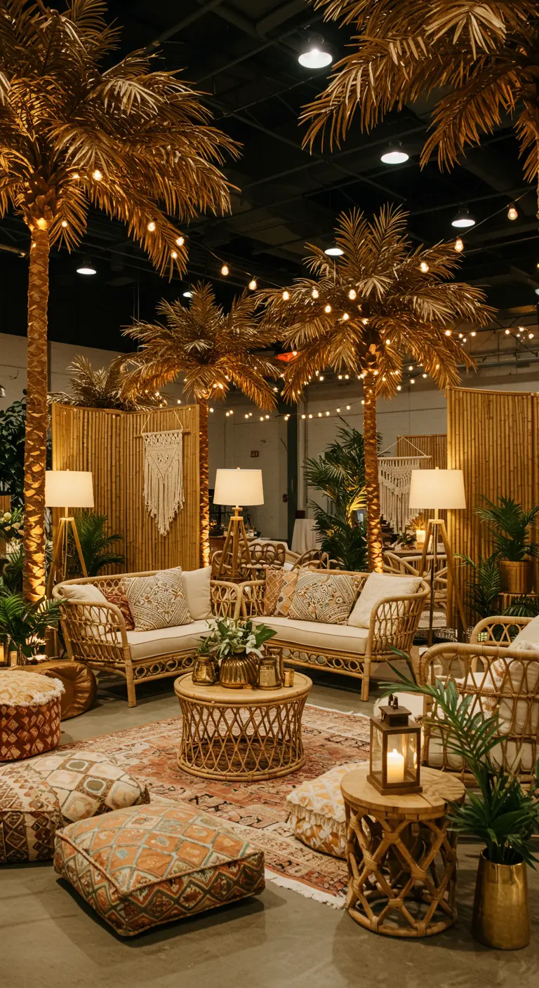 Salon intérieur chic avec palmiers dorés, mobilier en rotin, tapis bohèmes et lampes d'appoint.