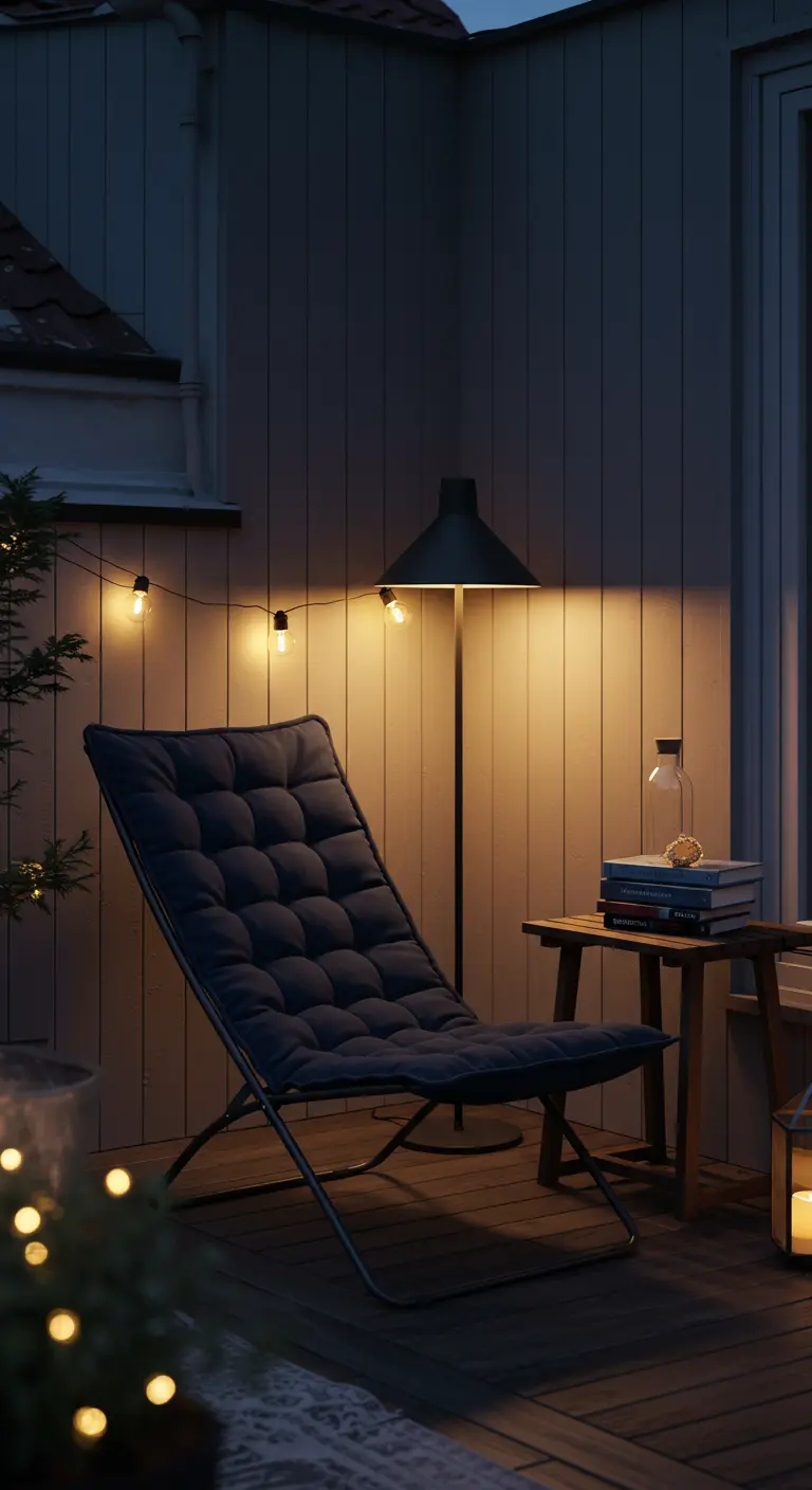 Chaise longue confortable éclairée par un lampadaire et des guirlandes la nuit.