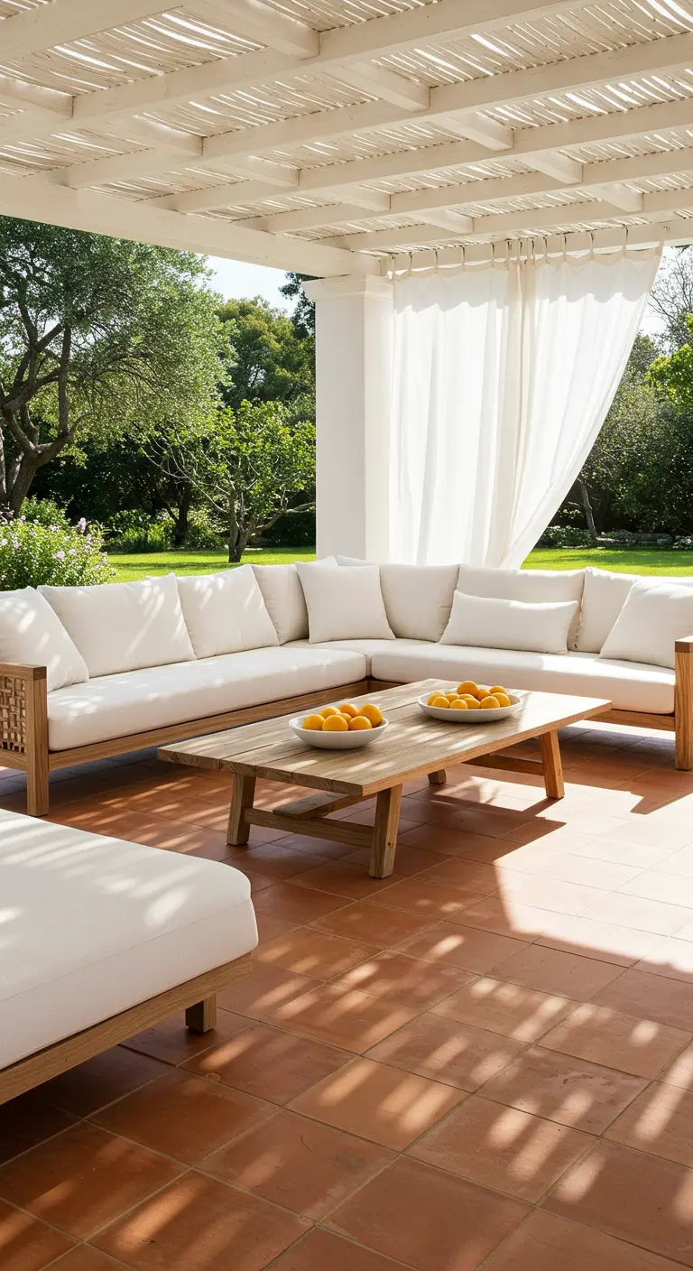 Salon de jardin en bois et blanc sous une pergola, sol en terre cuite et voilages blancs.