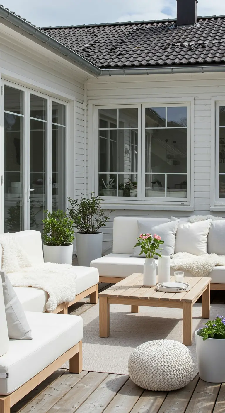 Salon de jardin blanc et bois clair avec plaids et pouf sur une terrasse en bois.