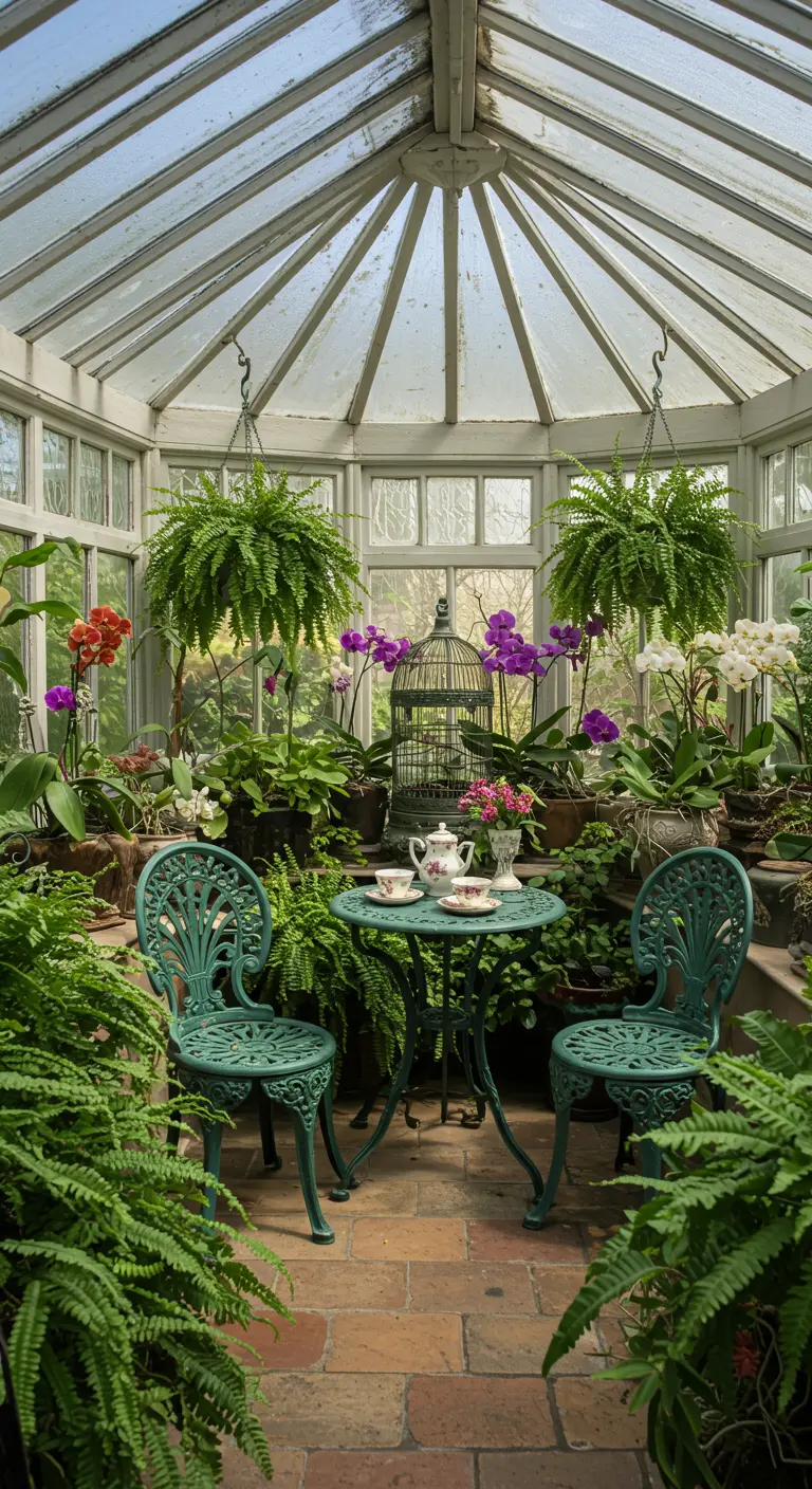 Bistro set vert en fer forgé dans une serre remplie de fougères et d'orchidées, créant une ambiance tropicale.