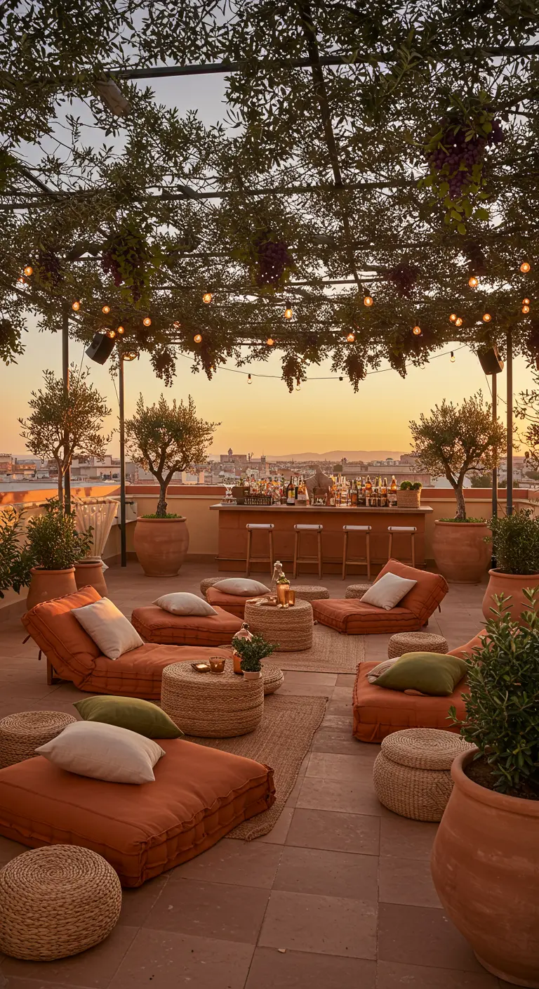 Rooftop ambiance méditerranéenne avec transats terracotta, oliviers, pergola végétalisée et guirlandes.