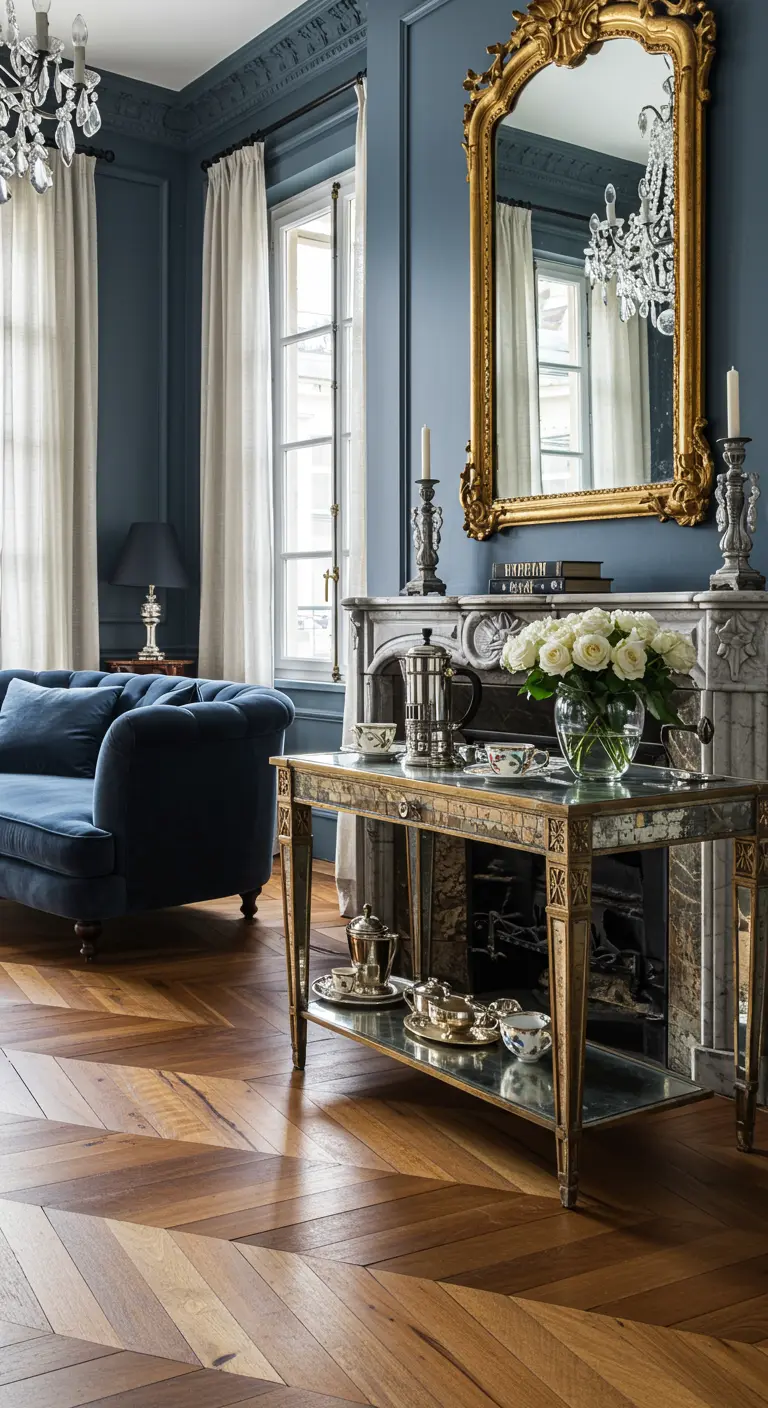 Console vintage dorée avec cafetière, service à thé et grand miroir sur mur bleu.