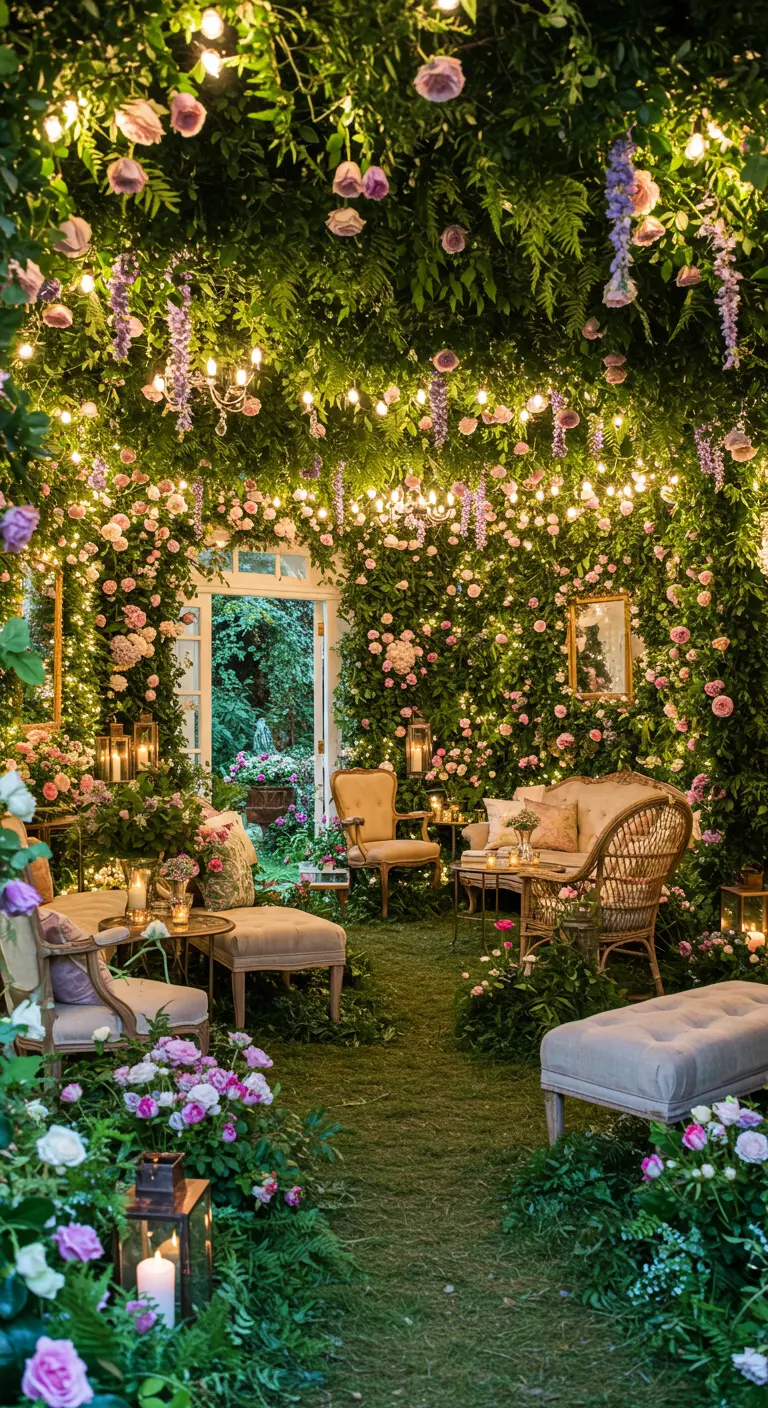 Salon d'extérieur avec murs et plafond recouverts de lierre, roses et lumières douces.