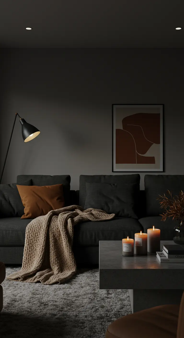Salon sombre avec canapé anthracite, plaid camel et bougies allumées
