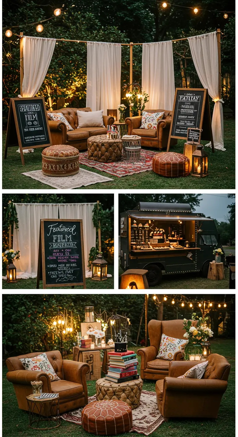Espace lounge chic en plein air avec fauteuils en cuir, ardoises et rideaux.