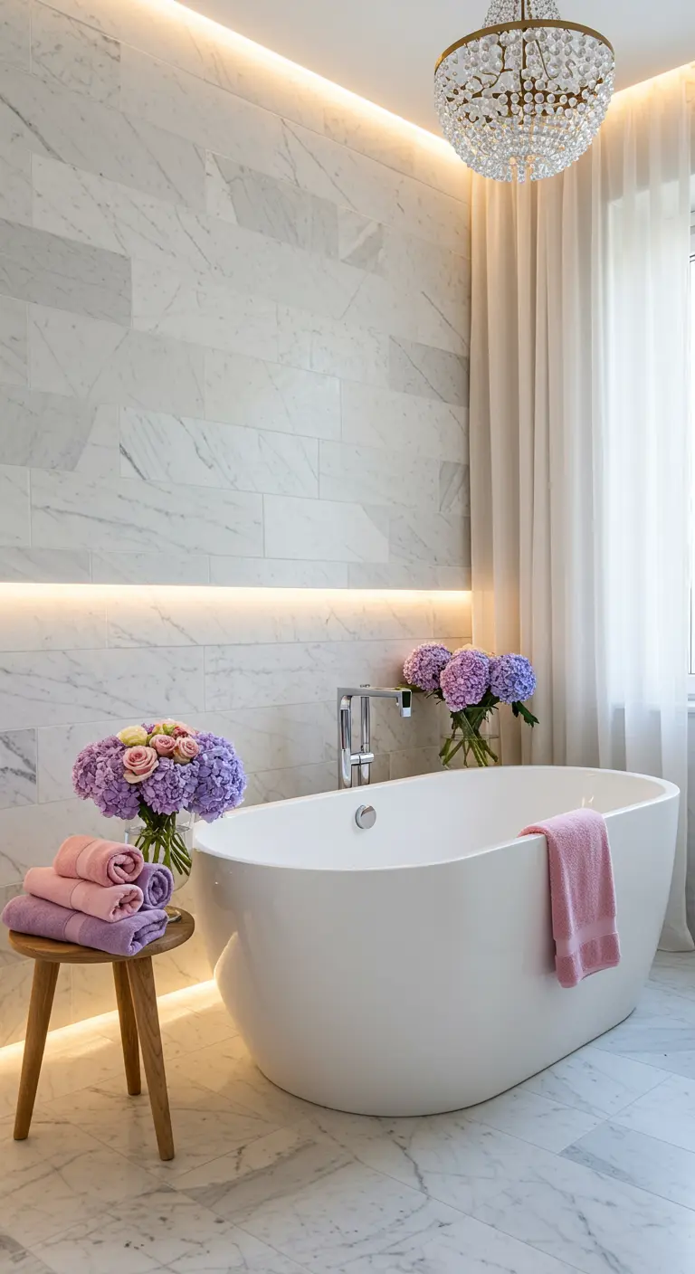 Salle de bain en marbre avec baignoire îlot, fleurs pastel et serviettes colorées.