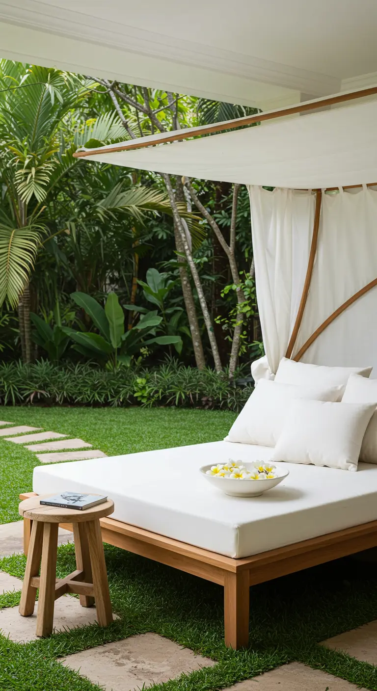 Daybed en bois avec auvent blanc dans un jardin tropical luxuriant, table d'appoint en bois.