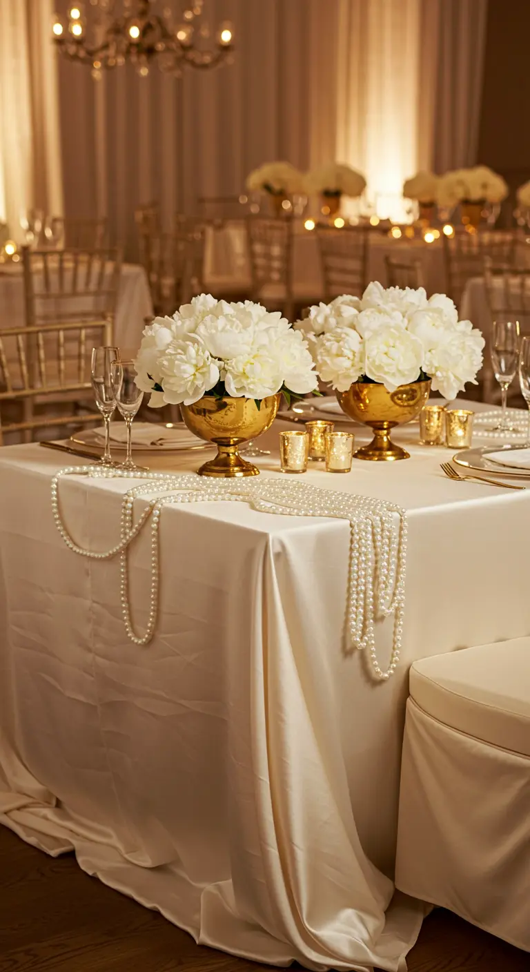 Table élégante avec une nappe en satin crème, des colliers de perles et des pivoines blanches.