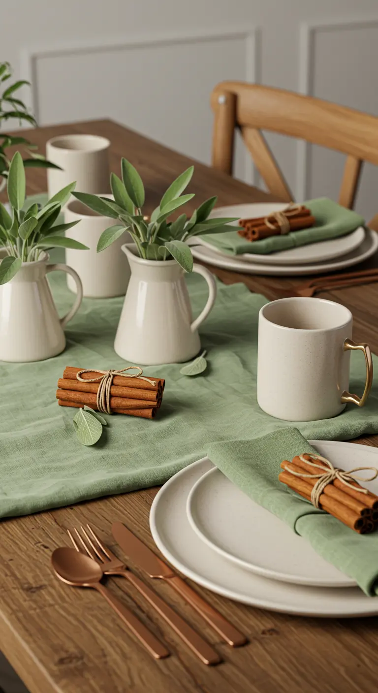 Table décorée dans les tons vert sauge et crème, avec des bâtons de cannelle sur les serviettes.