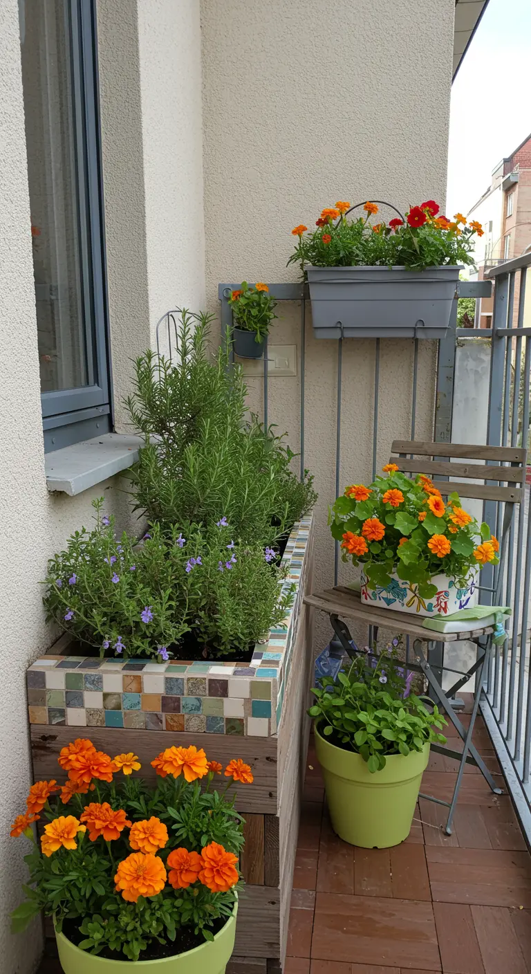 Balcon avec jardinière en bois et mosaïque, romarin, oeillets d'Inde, chaise en bois et pot suspendu