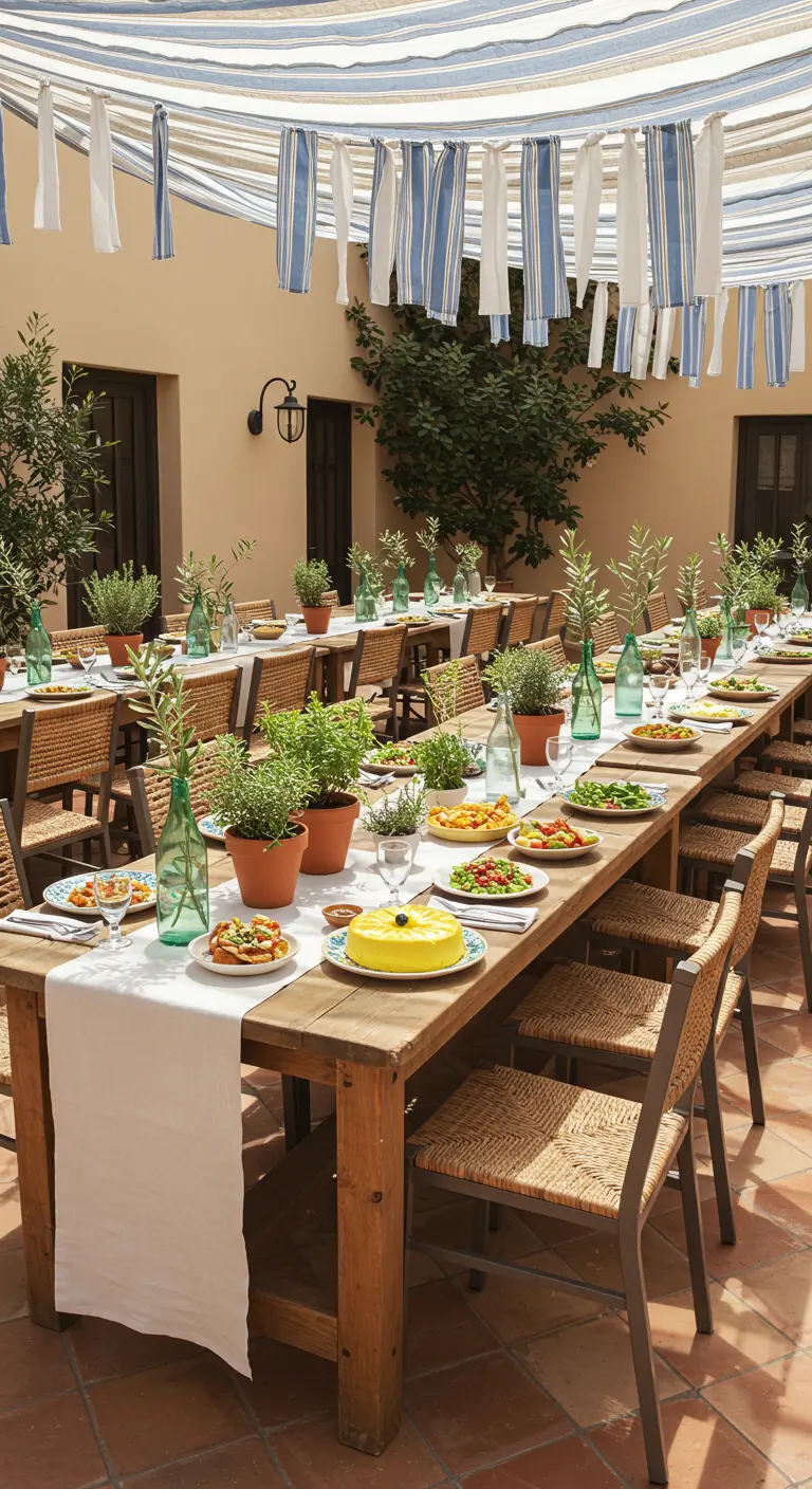 Longue table de repas extérieure avec herbes en pots, bouteilles vertes et guirlande rayée.