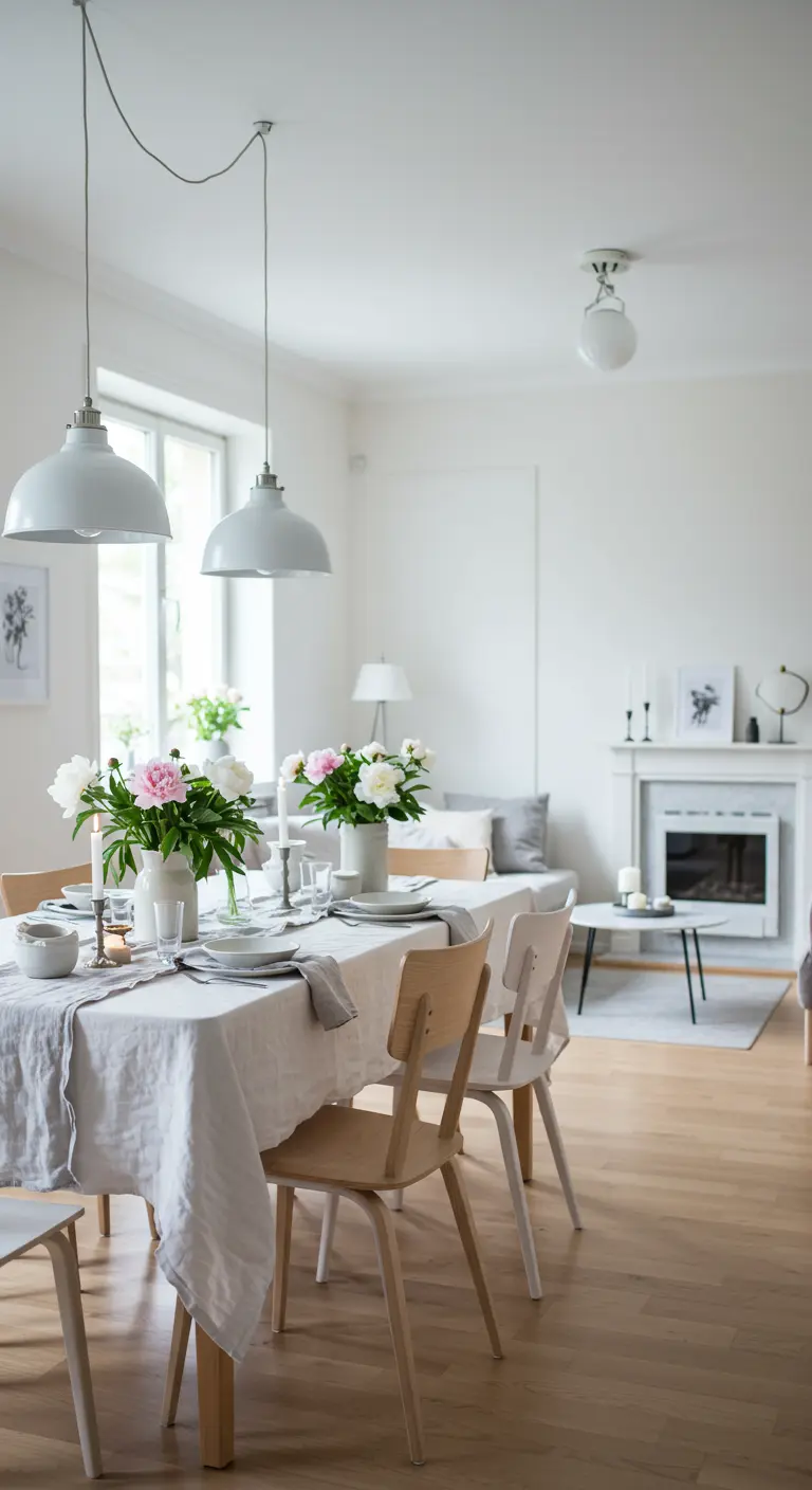 Salle à manger scandinave blanche, table en bois, pivoines roses et blanches dans des pichets.
