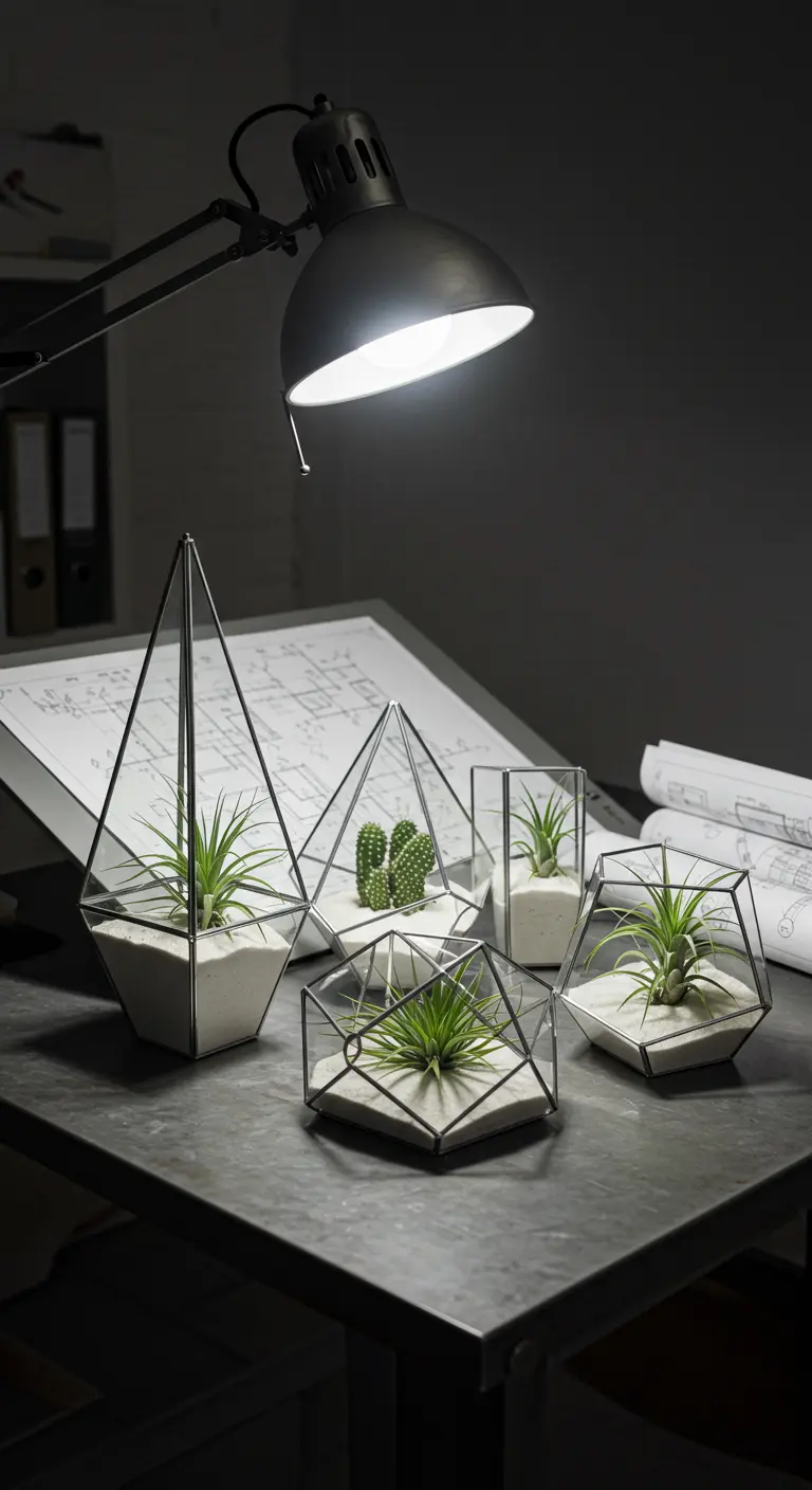 Terrariums géométriques en verre avec plantes aériennes et cactus sur une table d'architecte.