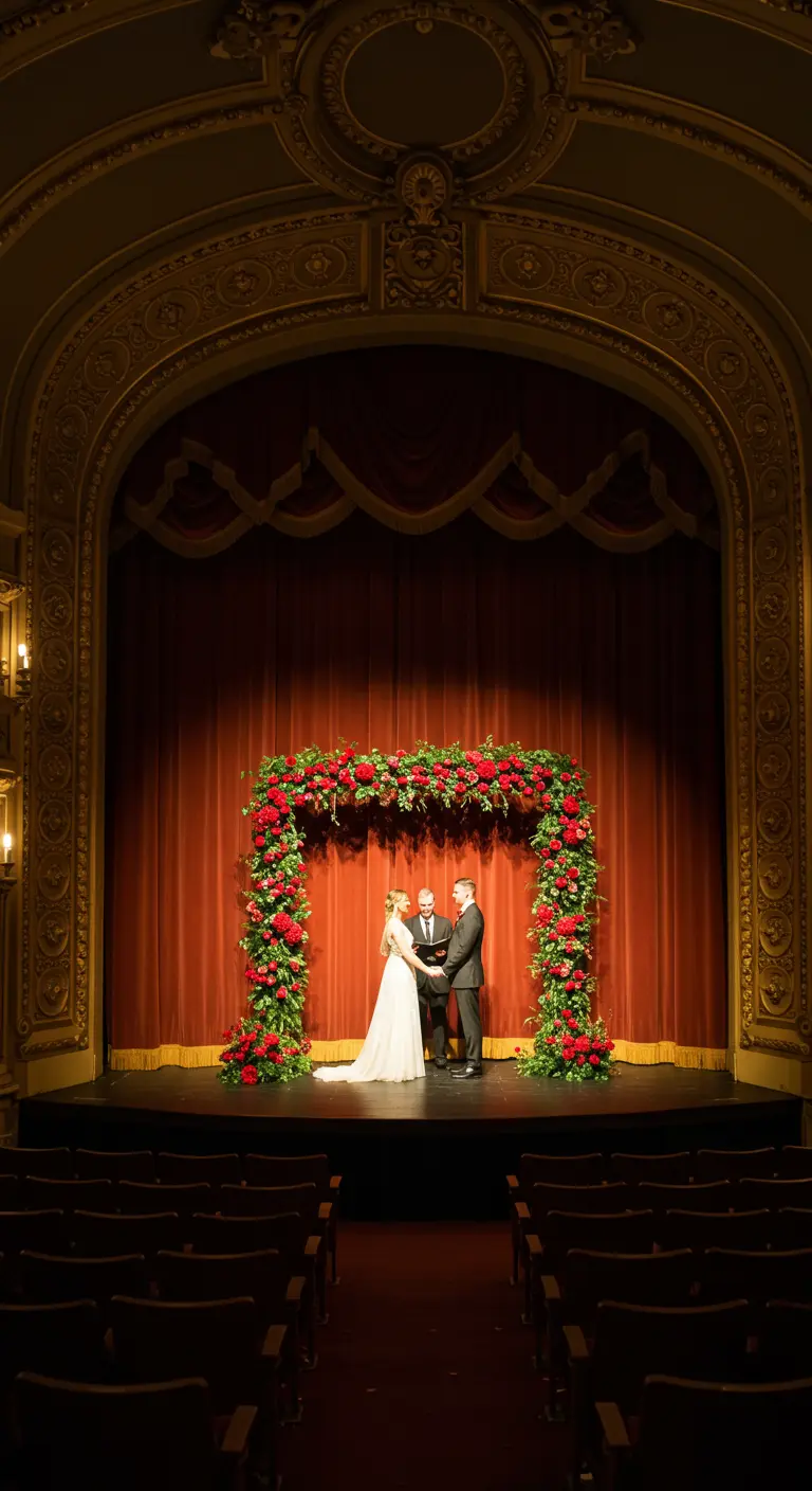 Arche de roses rouges sur la scène d'un théâtre ancien.