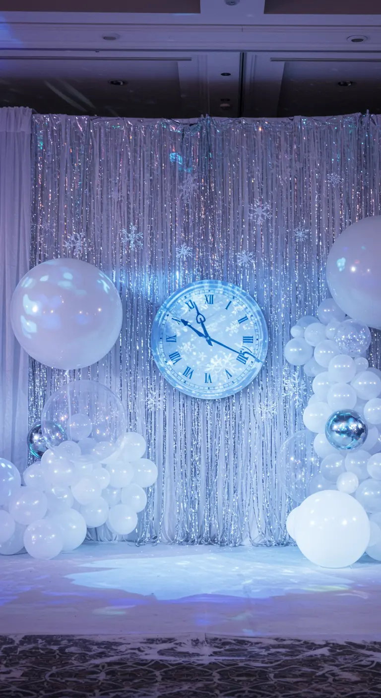 Décor hivernal avec une horloge bleue, des rideaux argentés et des ballons blancs.