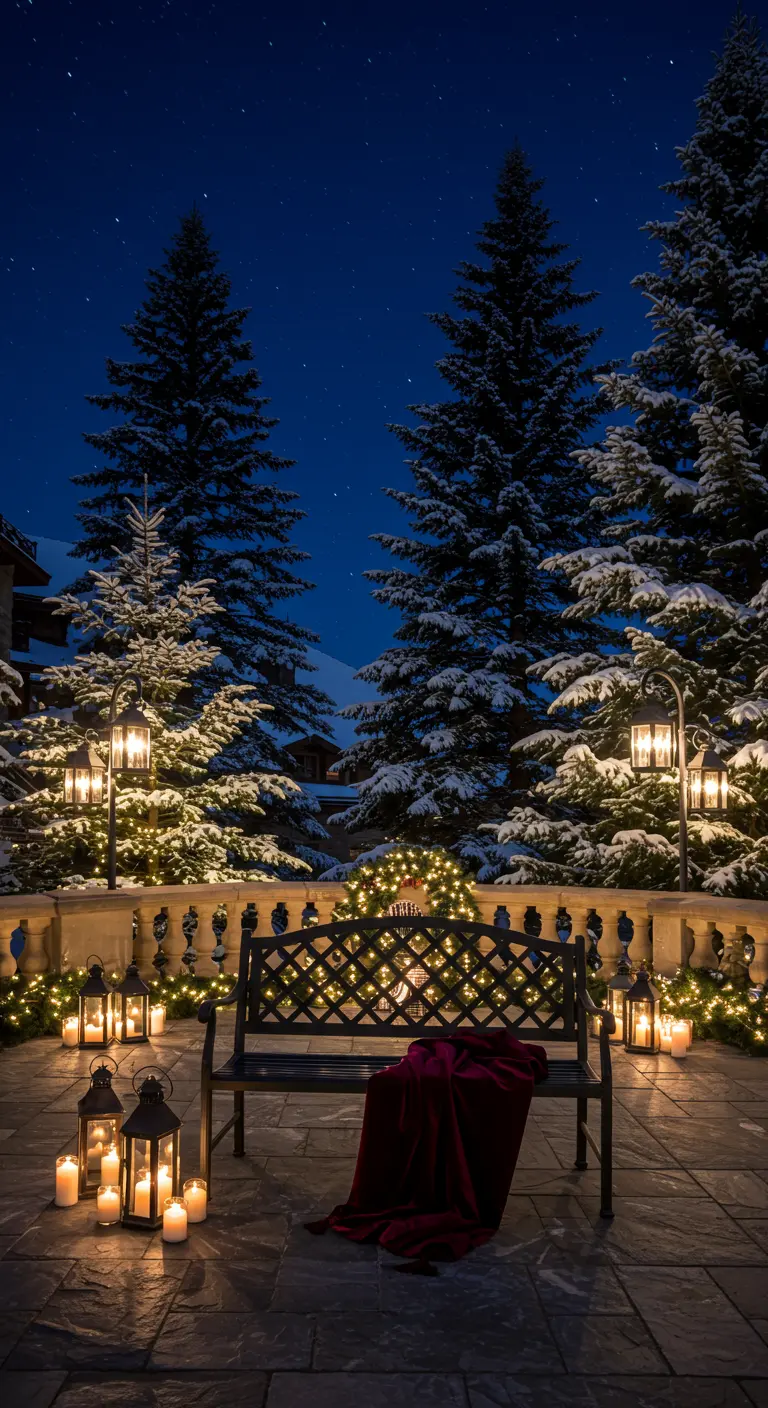Banc sur un balcon la nuit, entouré de dizaines de lanternes et de guirlandes.