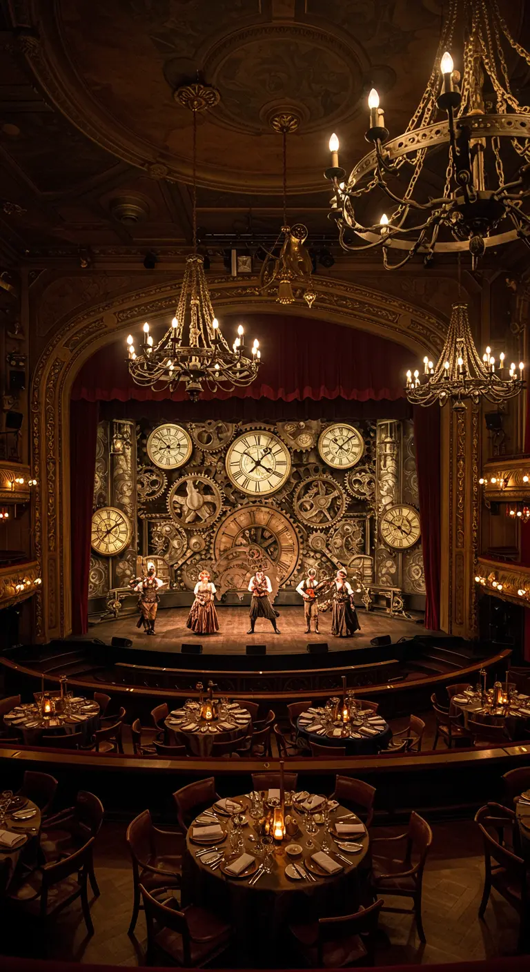 Scène de théâtre Steampunk avec une immense horloge, des engrenages et des lustres dorés.