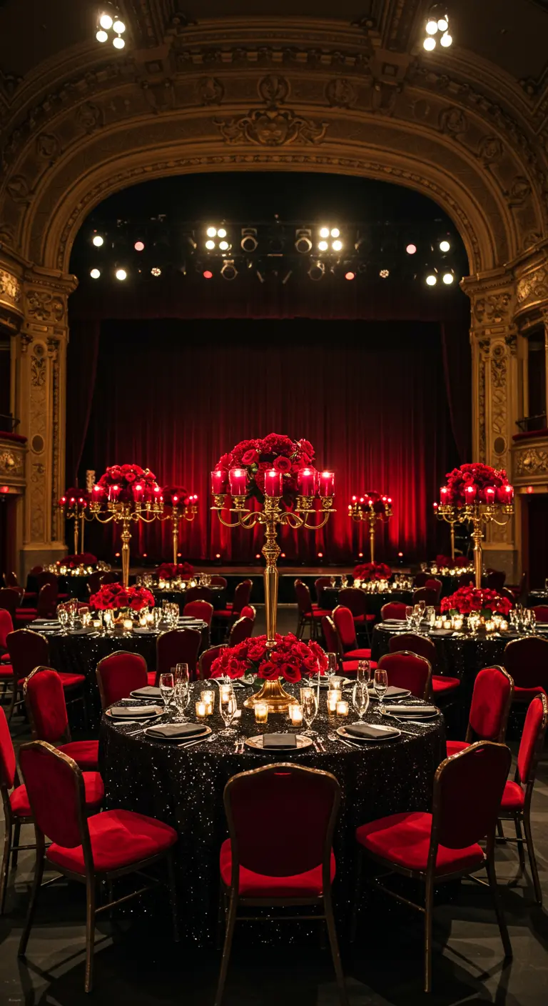 Salle de spectacle avec des tables noires et rouges, et des centres de table de roses rouges.