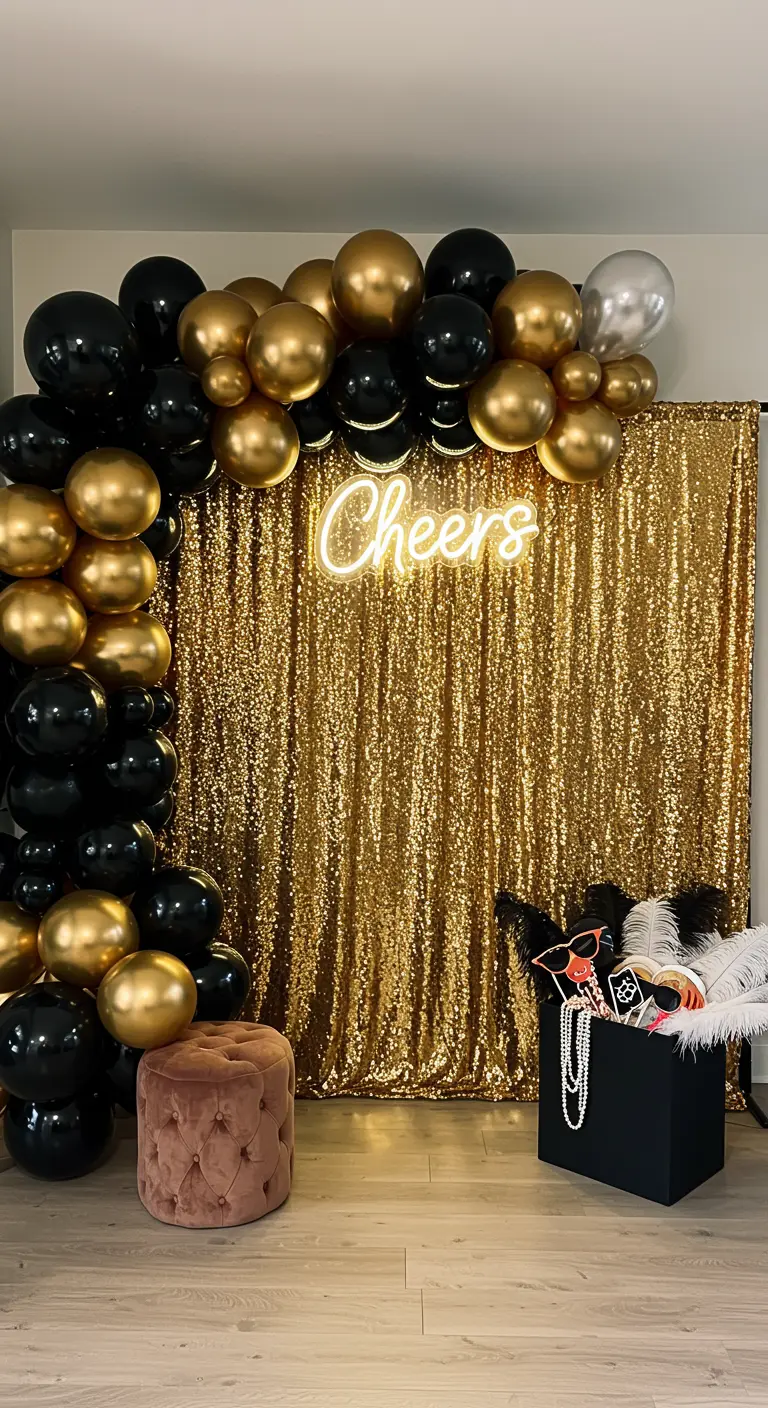 Photobooth glamour avec un rideau à sequins dorés, des ballons noirs et or, et un néon 'Cheers'.