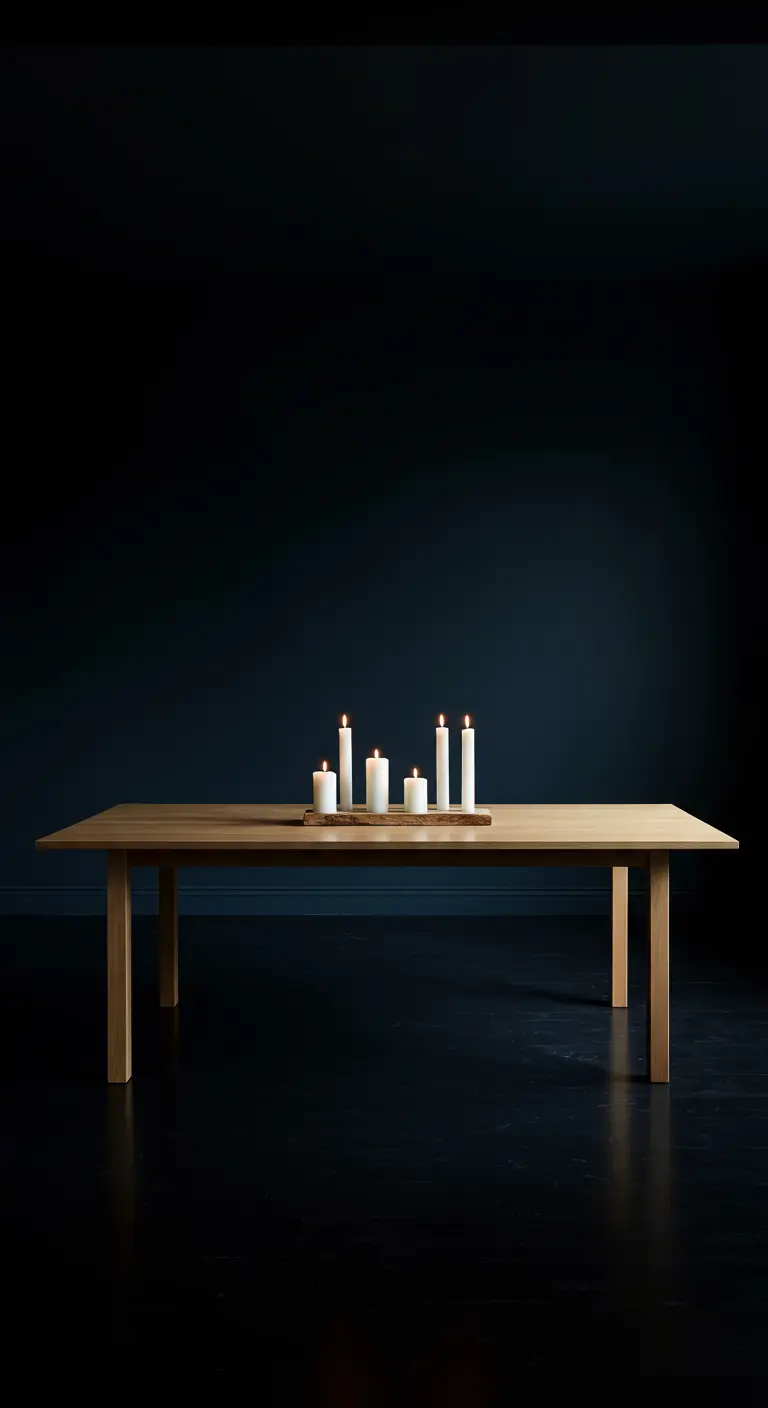 Grande table en bois vide dans une pièce sombre, éclairée seulement par quelques bougies.